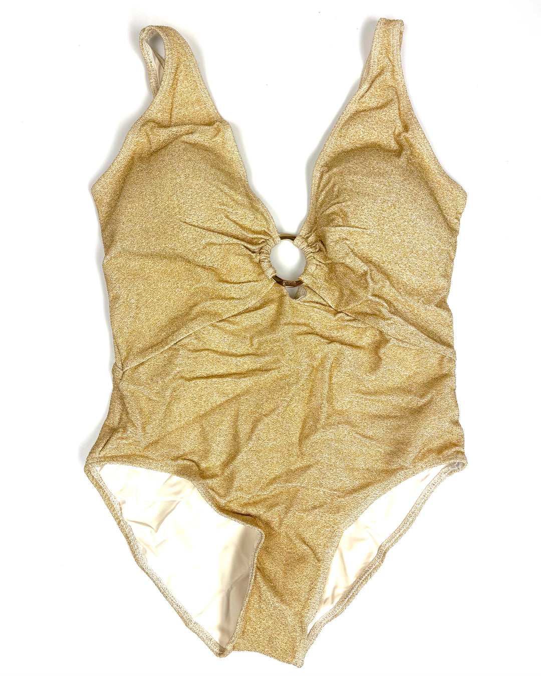 Metallic Gold V-Neck One Piece Swimsuit - Size 0/2, 4/6, and 8/10