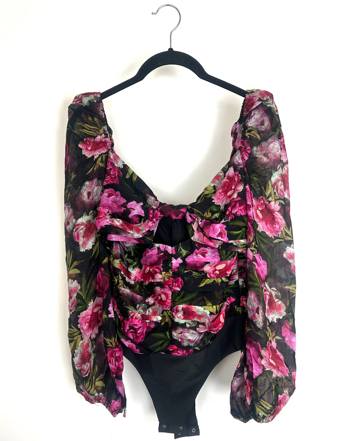Dark Floral Rouged Bodysuit - Size 4