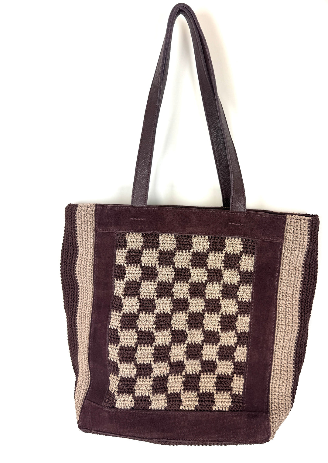 Brown Checkered Print Large Tote Bag