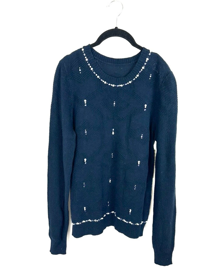 Navy Faux Peal And Rhinestone Sweater- Size 4/6