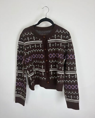Dark Brown Patterned Button Up Sweater - Size 4/6