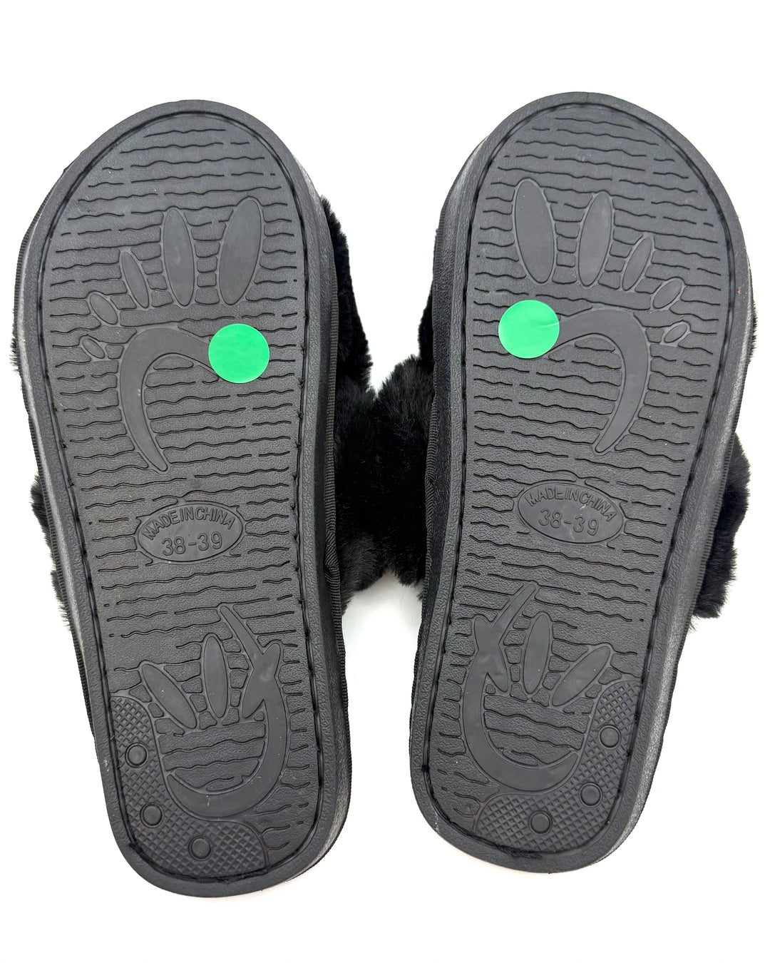Open Toe Black Plush Slippers - Size 7