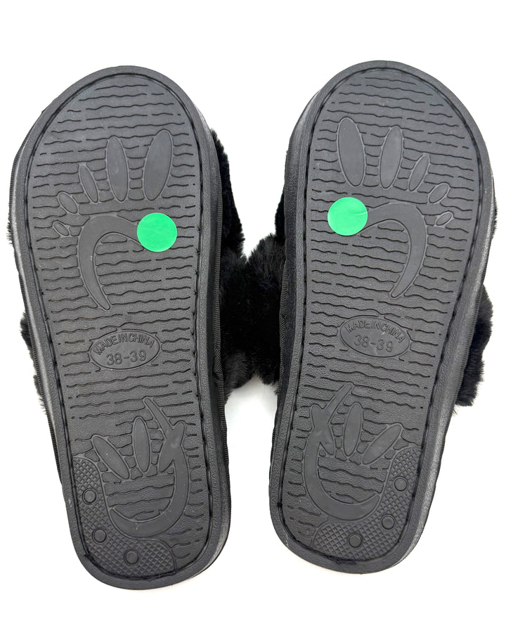 Open Toe Black Plush Slippers - Size 7