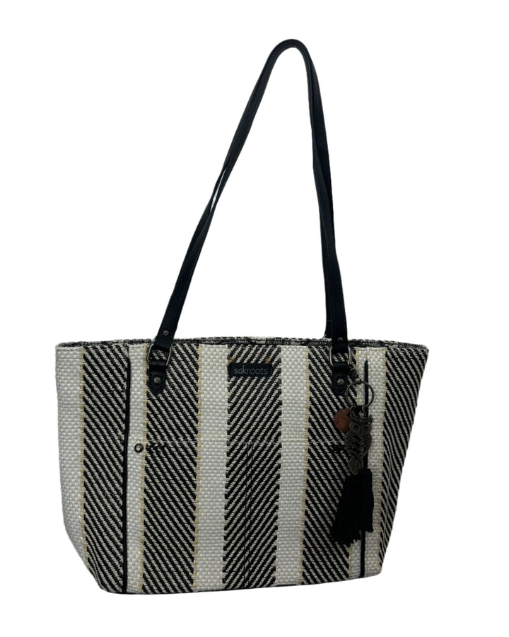 White and Black Striped Chevron Woven Tote