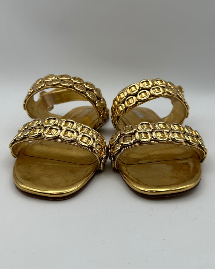 Gold Patent Leather Buckle Flat Sandals - Size 6.5