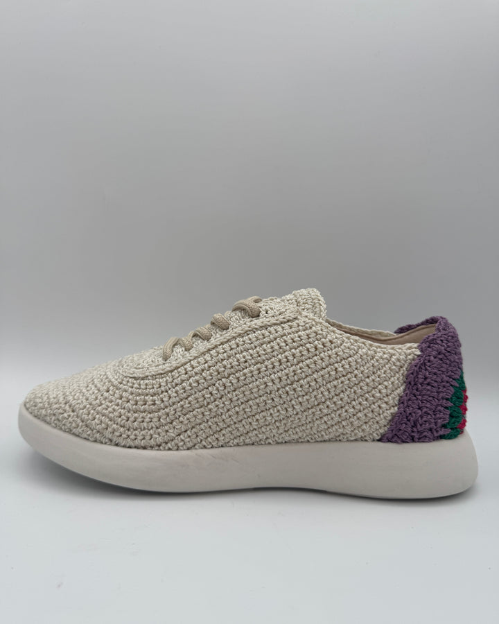 White Crochet Sneakers With Purple Abstract Design - Size 6