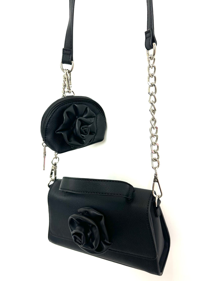 Black Leather Bag With 3D Flower
