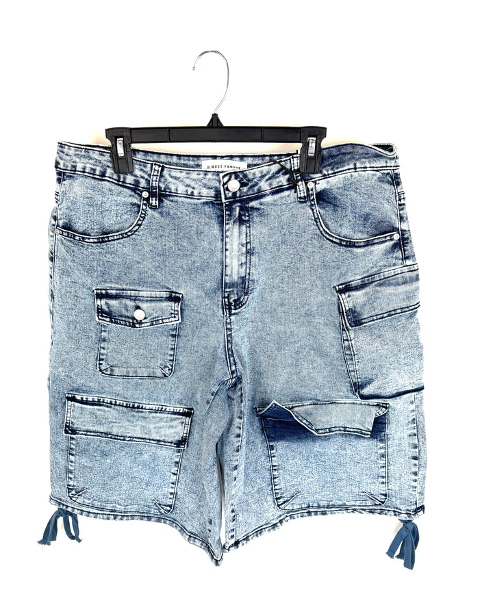 Blue Acid Wash Denim Cargo Shorts - Size 18