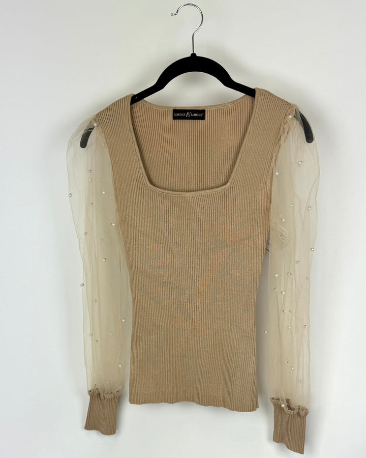 Beige Top with Sheer Sleeves - Size 0/2