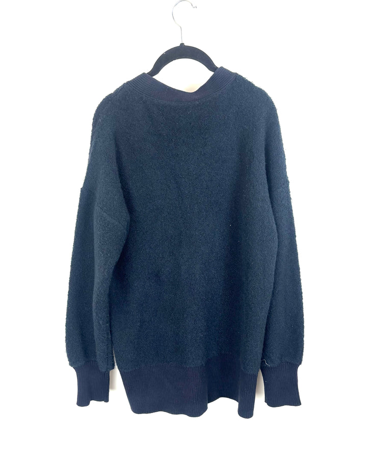 Navy Blue Fuzzy Button Cardigan Sweater - Large