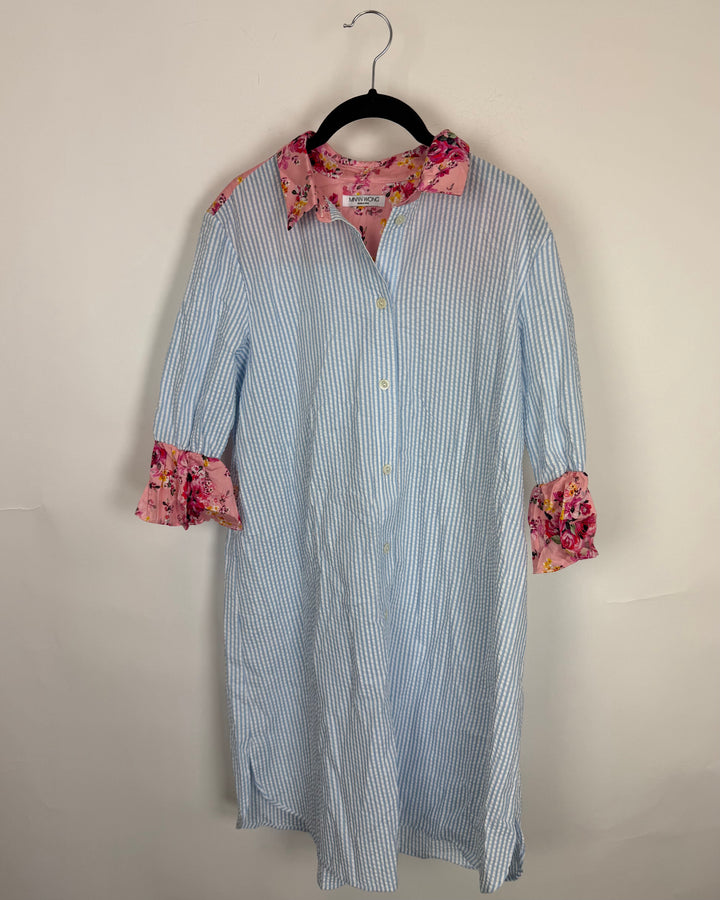 Floral & Blue Striped Shirt Dress - Size 2/4