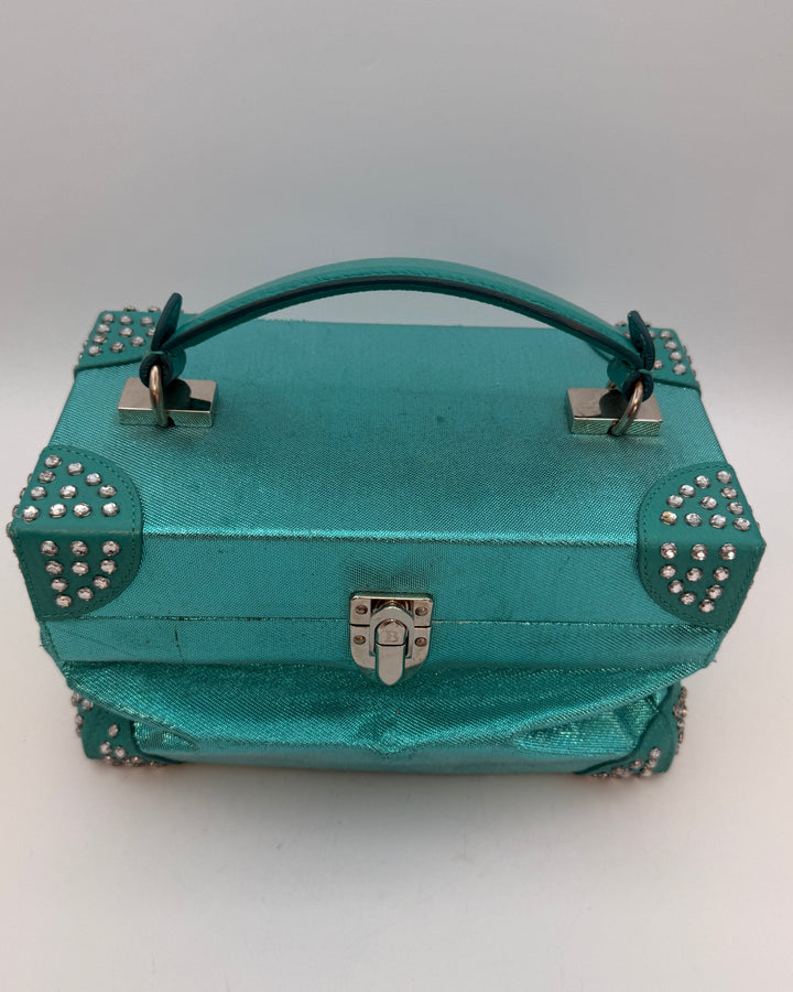 Metallic Teal Rhinestone Trim Rectangle Bag