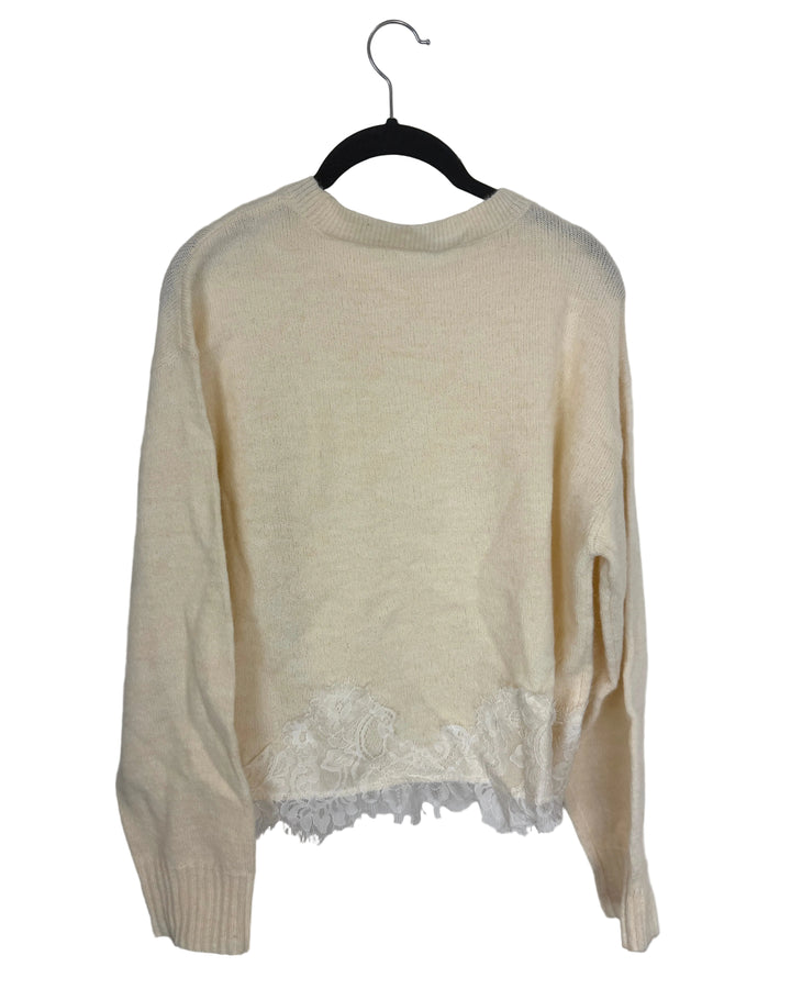 Cream Sweater with White Lace Bottom Detailing- Size 2/4
