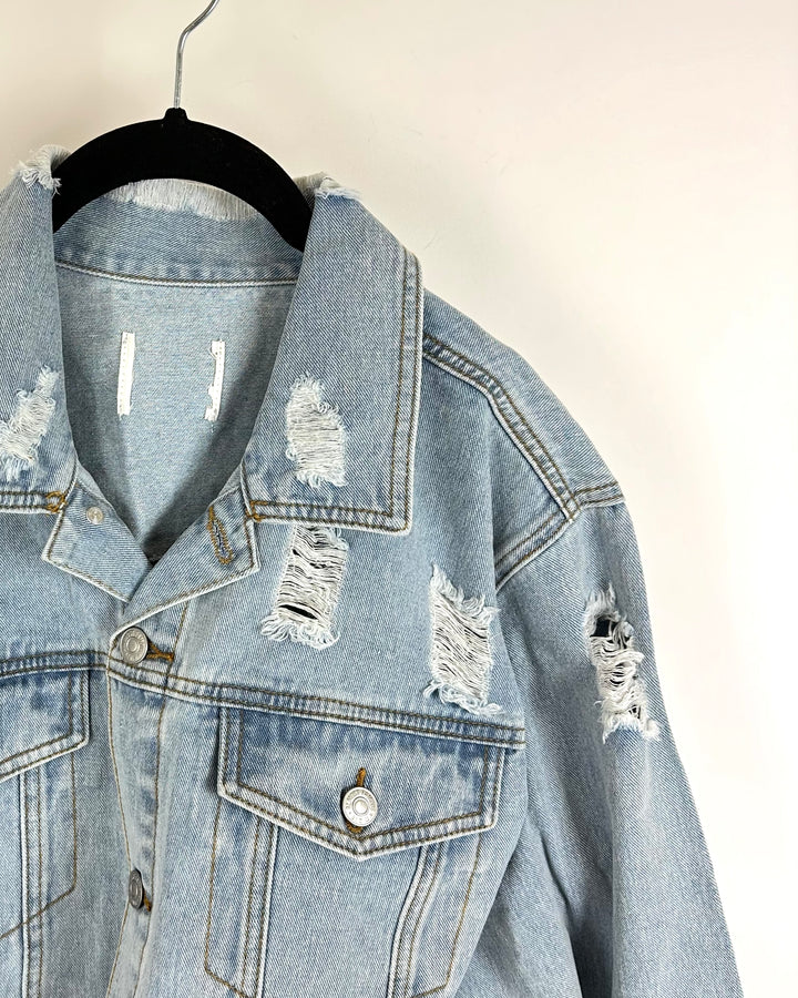 Light Wash Distressed Cropped Denim Jacket - 2X