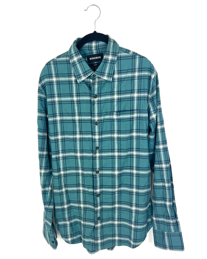 MENS Green, Blue, Grey and White Plaid Shirt - Slim Fit Medium