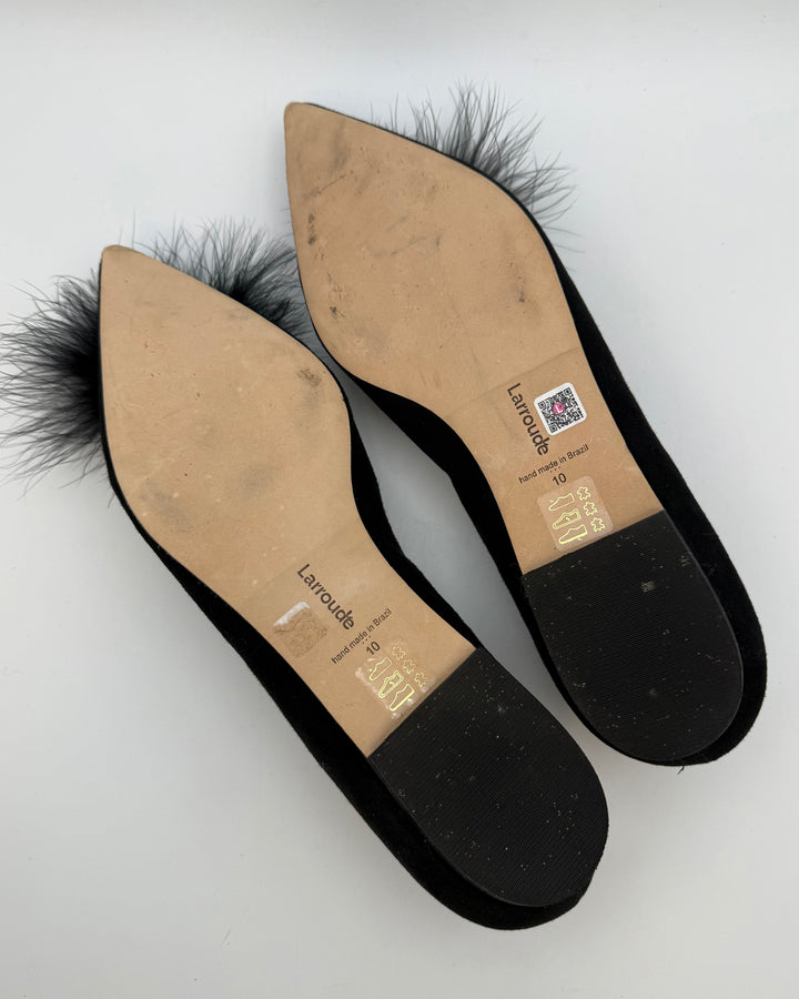 Black Suede Pom Pom Ballet Flat - Size 10