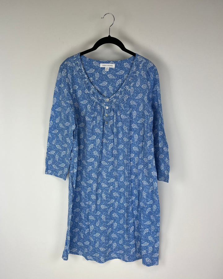 Blue Floral Print Quarter Sleeve Nightgown - Small