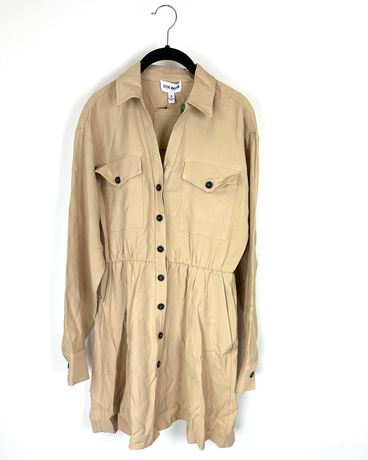 Beige Button Down Mini Long-Sleeve Dress - Size 4/6