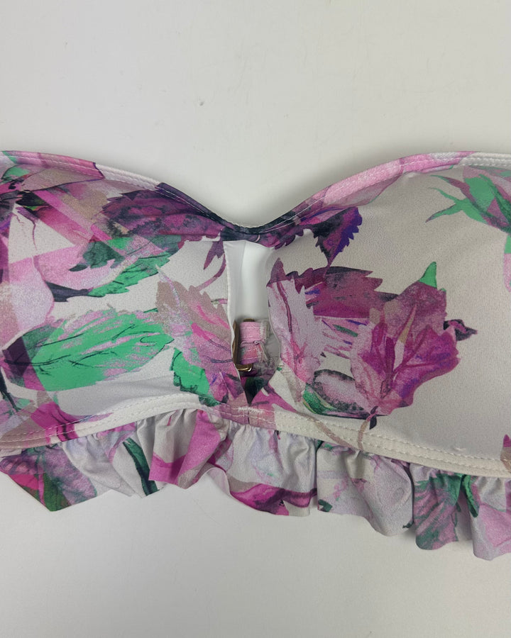Purple Floral and White Ruffle Bikini Top - Small & Extra Large D Cup