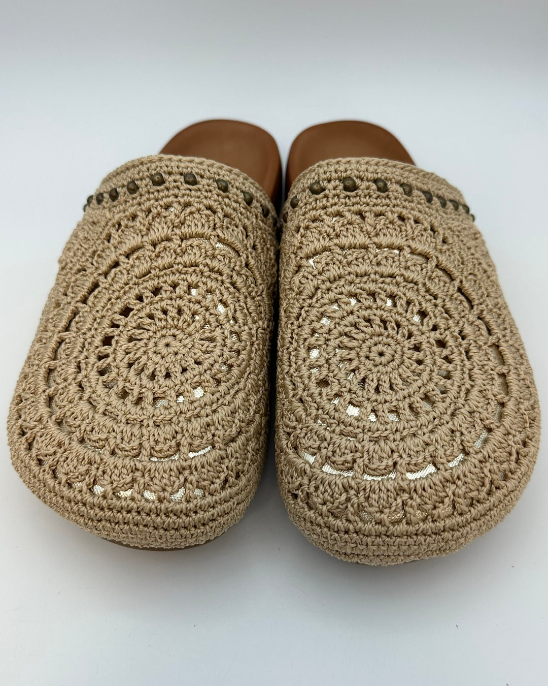 Tan Crochet & Gold Clogs - Size 8 and 10