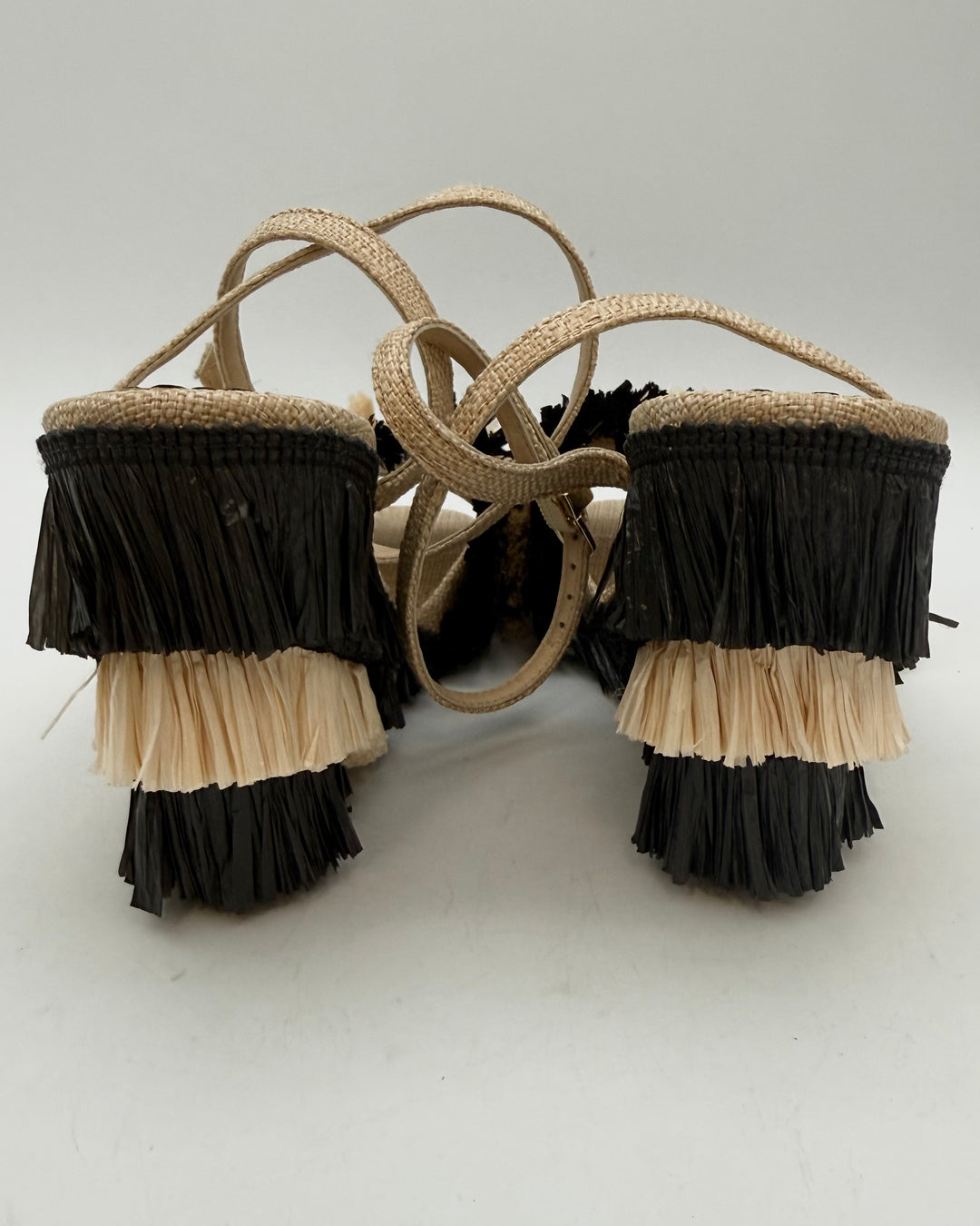 Ivory & Black Straw Fringe Wedge Sandal - Size 6.5