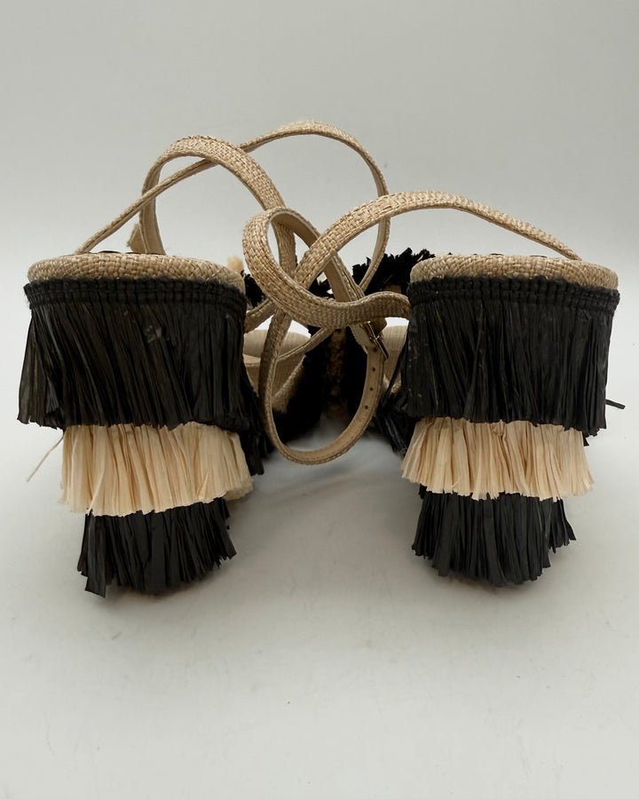 Ivory & Black Straw Fringe Wedge Sandal - Size 6.5