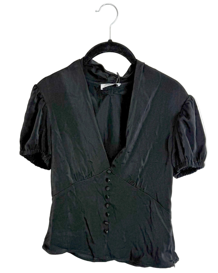 Black Puffed Short Sleeve Button Up Top - Size 0
