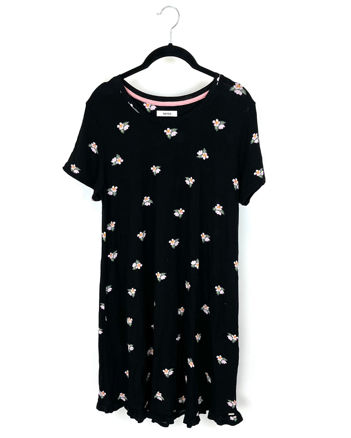 Black Short Sleeve Floral Lounge Dress - Size 4/6