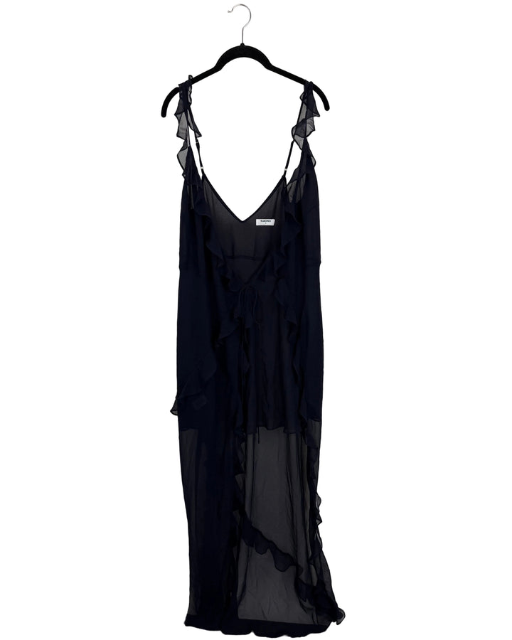 Navy Blue Sheer Ruffled Wrap Dress - Size 2/4