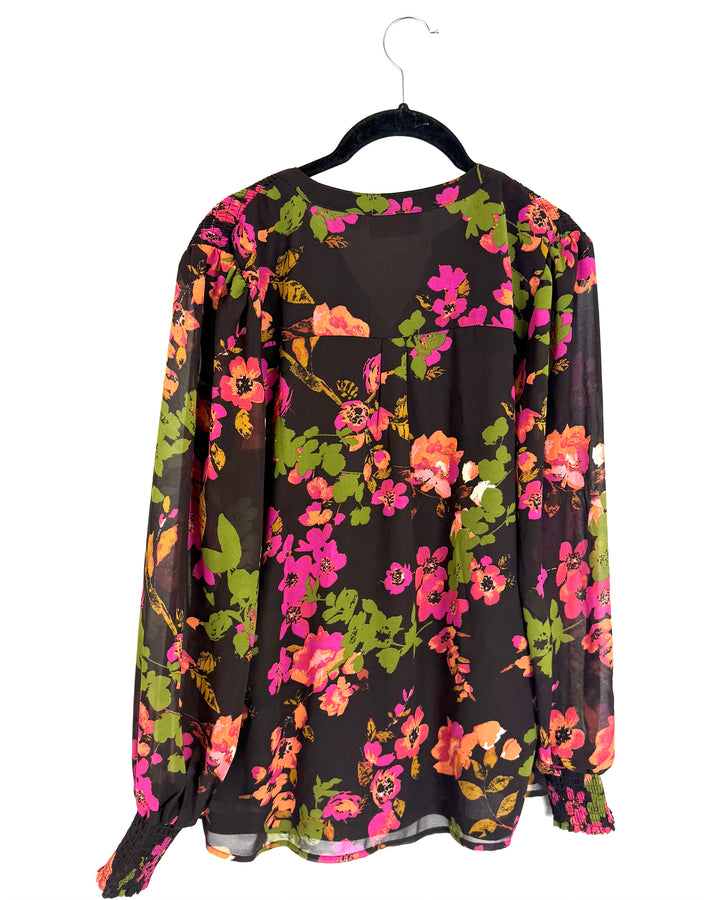 Brown and Pink Floral Blouse - Size 6/8