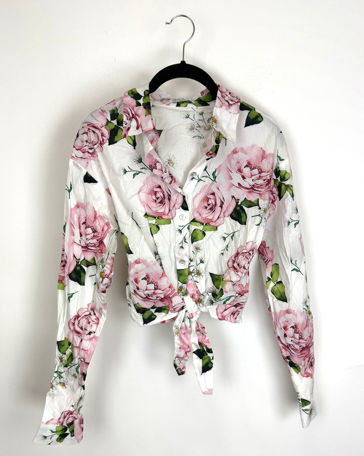 White Floral Front Tie Crop Top - Size 2/4
