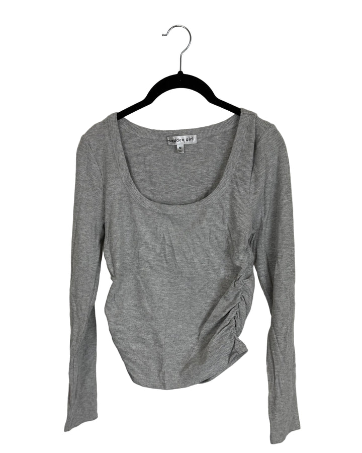 Grey Ribbed Long Sleeve Top with Synched Sides - Size 4/6