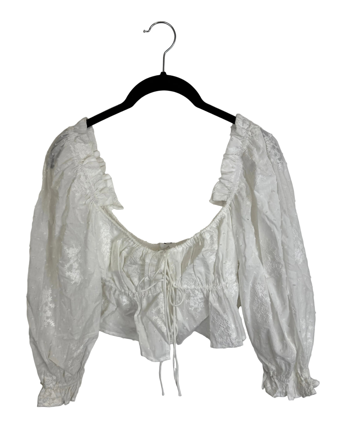 Soft White Textured Puff Sleeve Cropped Top - Size 0/2