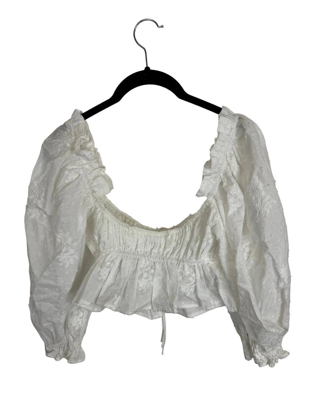 Soft White Textured Puff Sleeve Cropped Top - Size 0/2