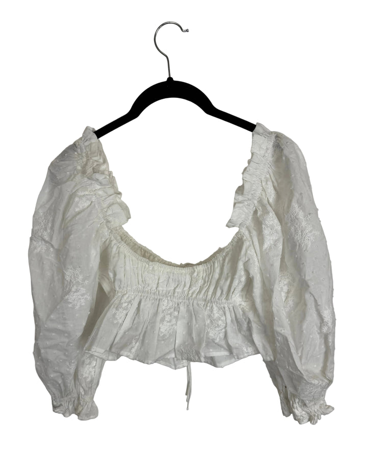 Soft White Textured Puff Sleeve Cropped Top - Size 0/2