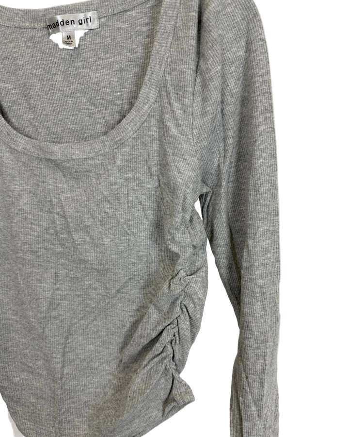 Grey Ribbed Long Sleeve Top with Synched Sides - Size 4/6