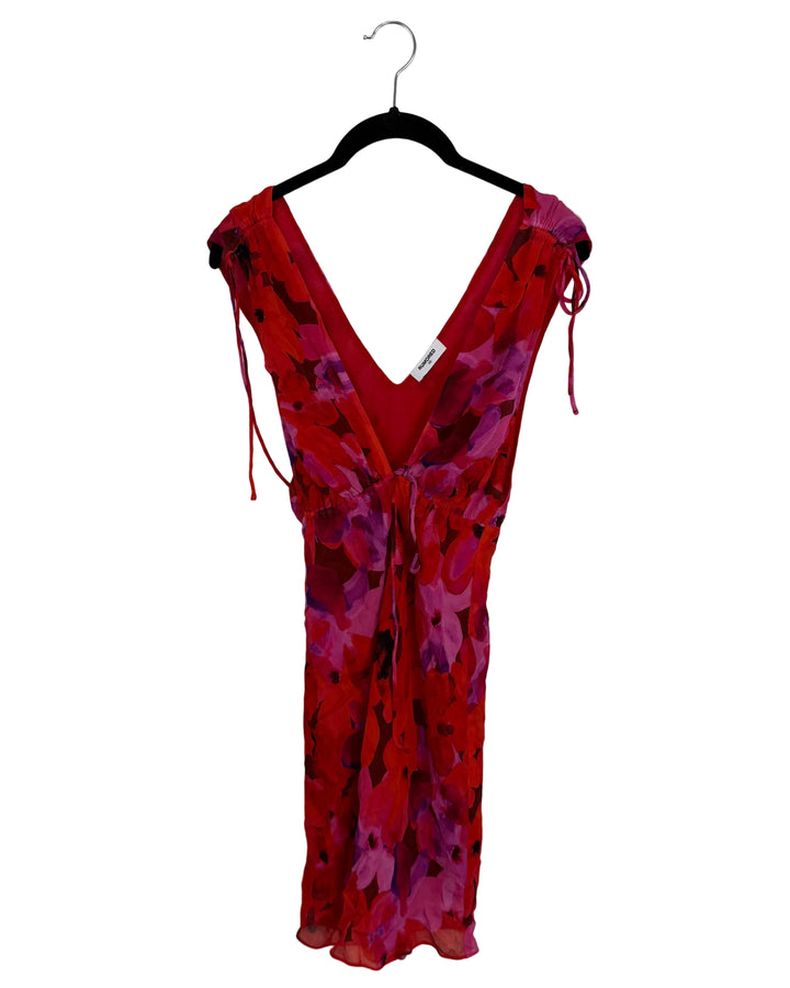 Red and Purple Floral Plunge Neckline Dress - Size 00/0 and 0/2