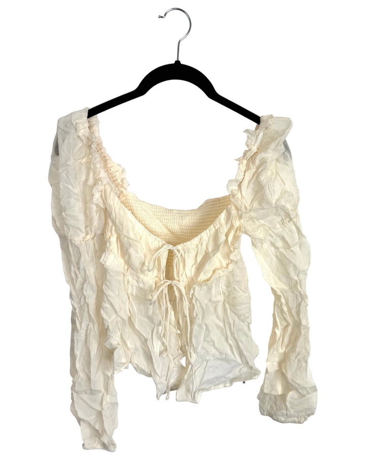 Cream Ruffled Puff Sleeve Open Front Top - Size 0/2