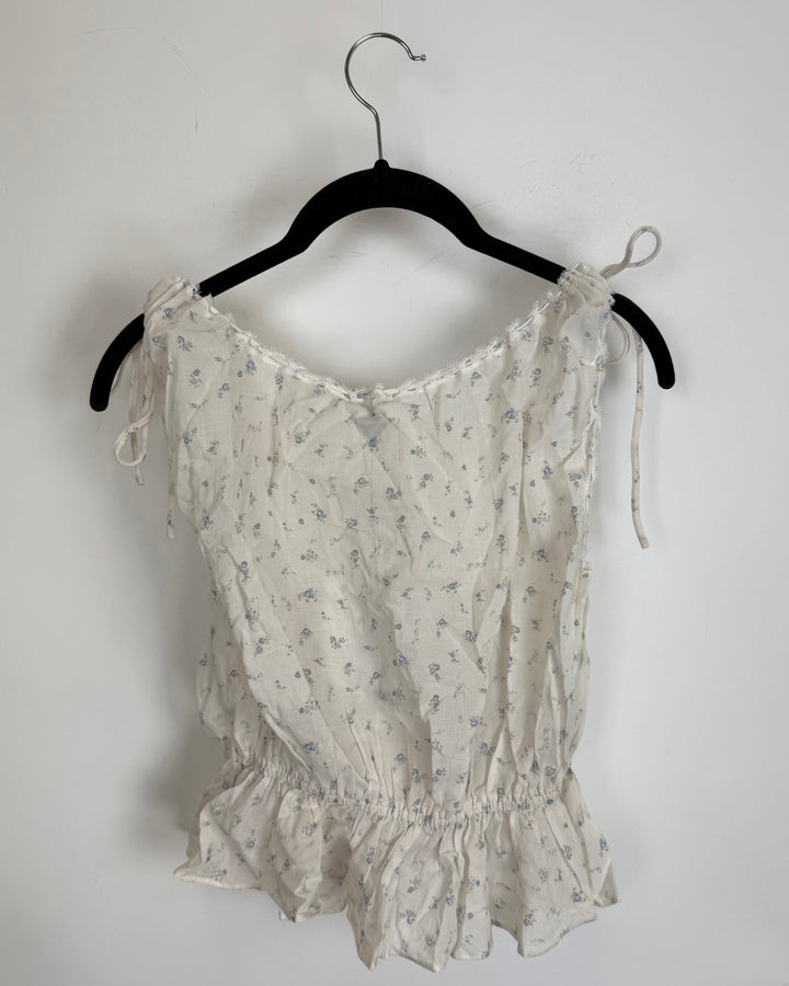 Ivory Sheer Top with Blue Floral Designs - Size 0/2