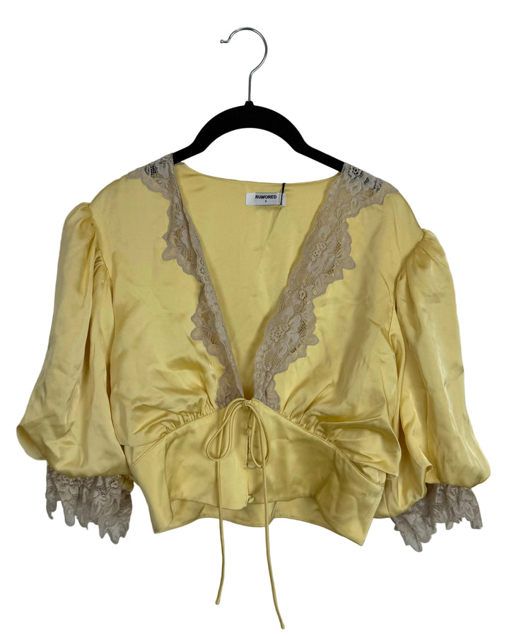Bright Yellow Lace Trim Cropped Satin Top - Size 2/4