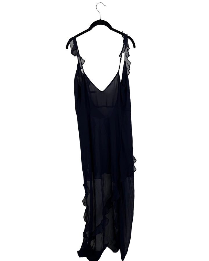Navy Blue Sheer Ruffled Wrap Dress - Size 2/4