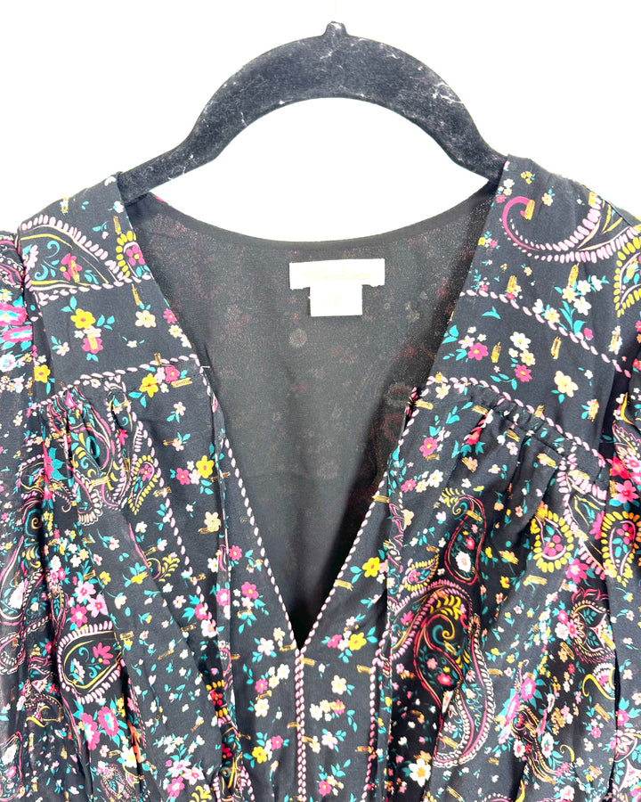 Black Long Sleeve Mini Dress with Multicolor Floral Print - Size 4
