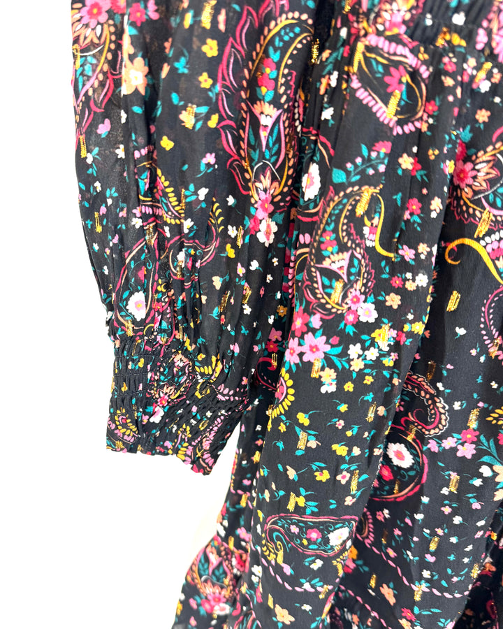 Black Long Sleeve Mini Dress with Multicolor Floral Print - Size 4