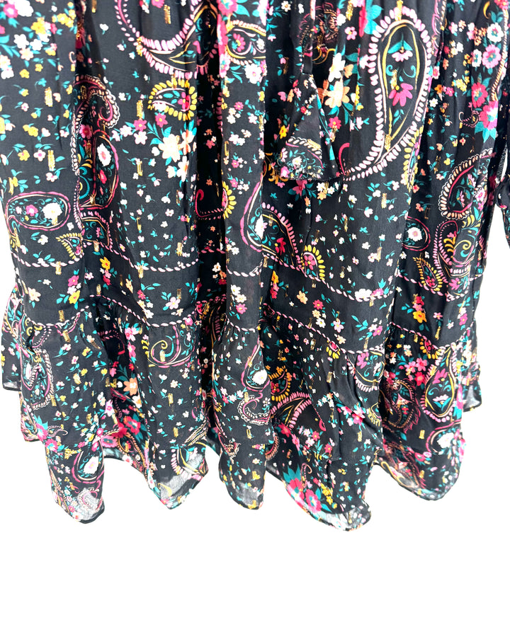 Black Long Sleeve Mini Dress with Multicolor Floral Print - Size 4