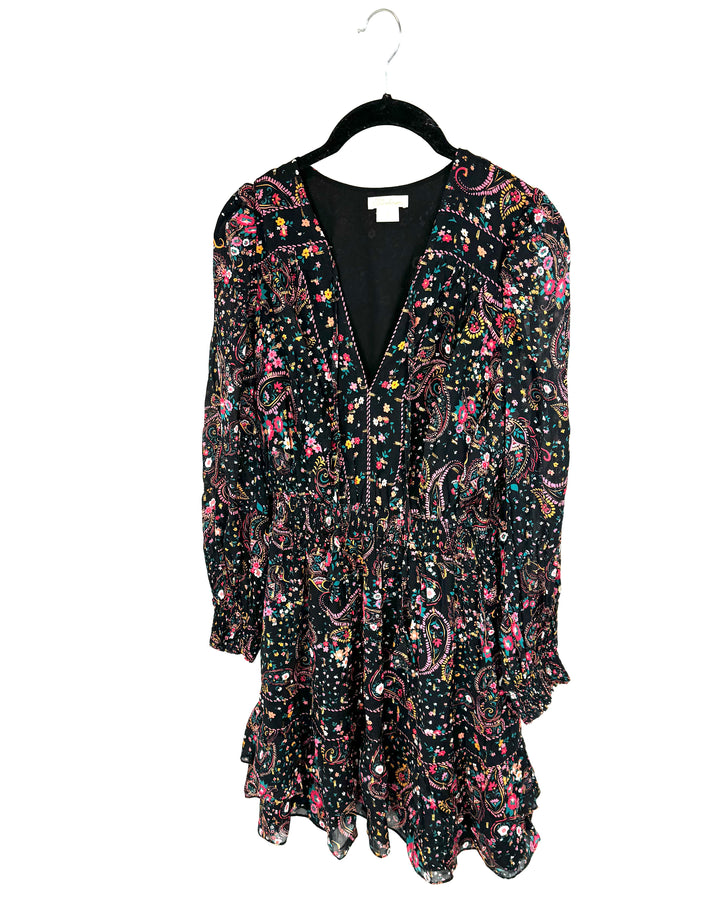 Black Long Sleeve Mini Dress with Multicolor Floral Print - Size 4