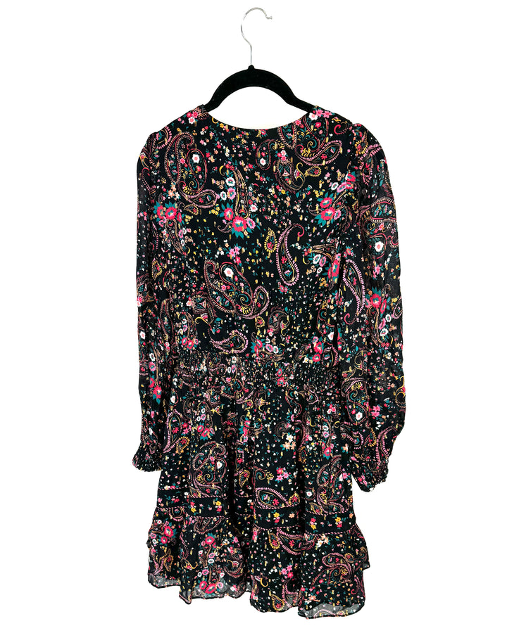 Black Long Sleeve Mini Dress with Multicolor Floral Print - Size 4
