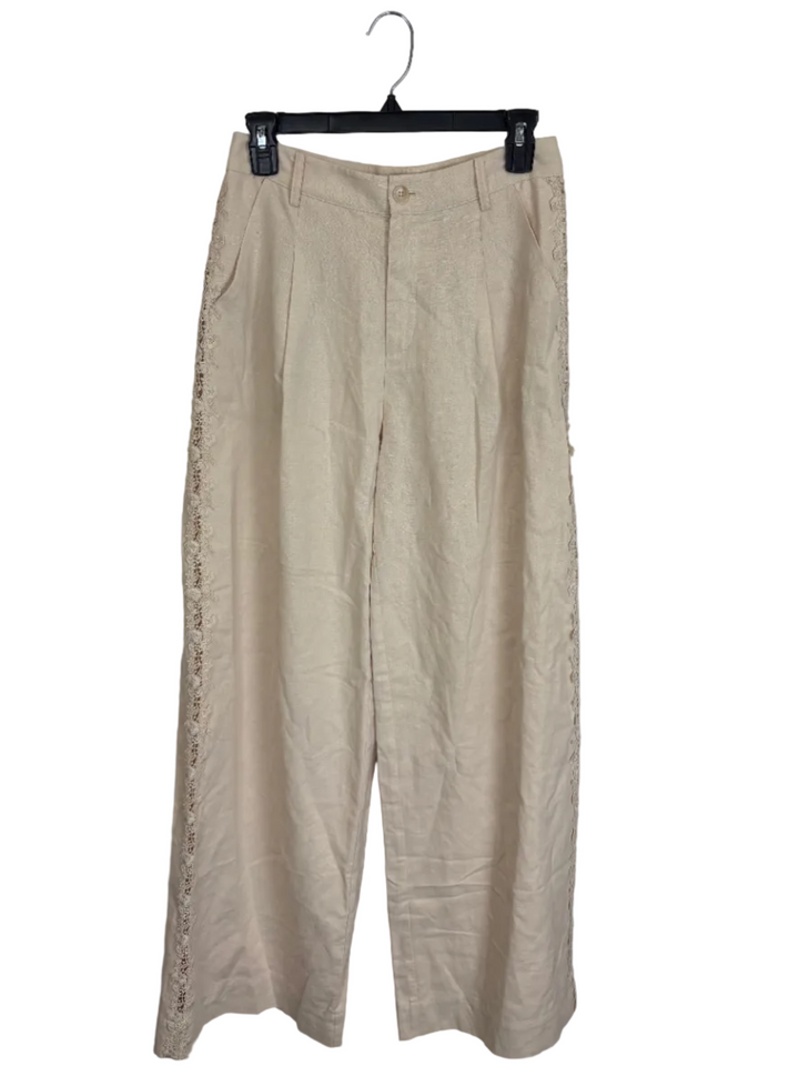 Cream Lace Detail Wide Leg Pants - Size 4