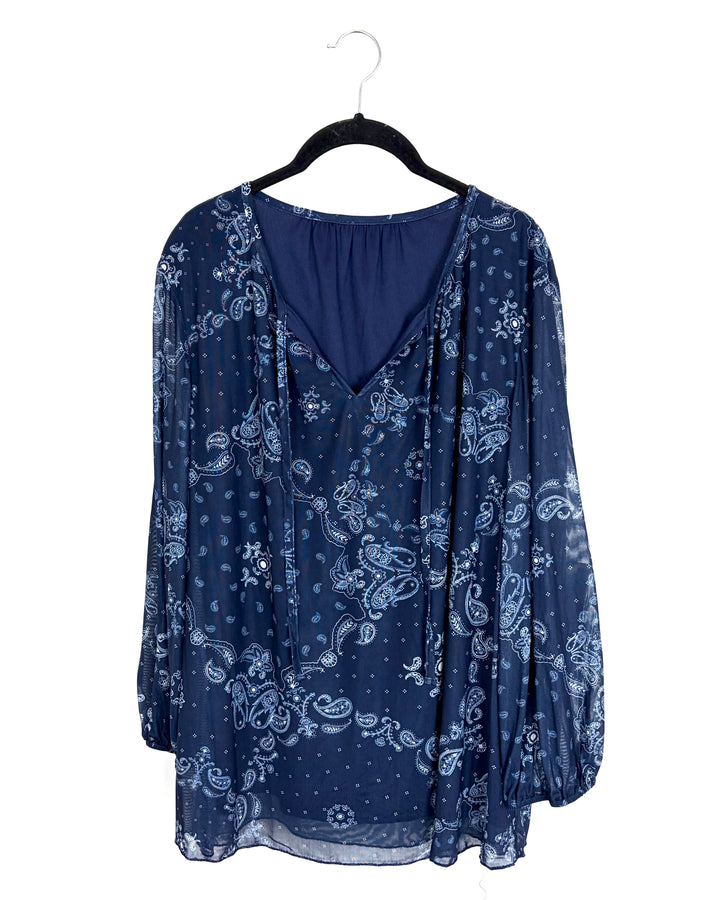 Navy Blue Paisley Top - Size 12/14