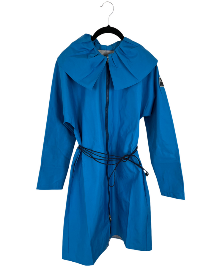 Bright Blue Ruffle Neck Long Sleeve Raincoat - Size 6/8 and 10/12