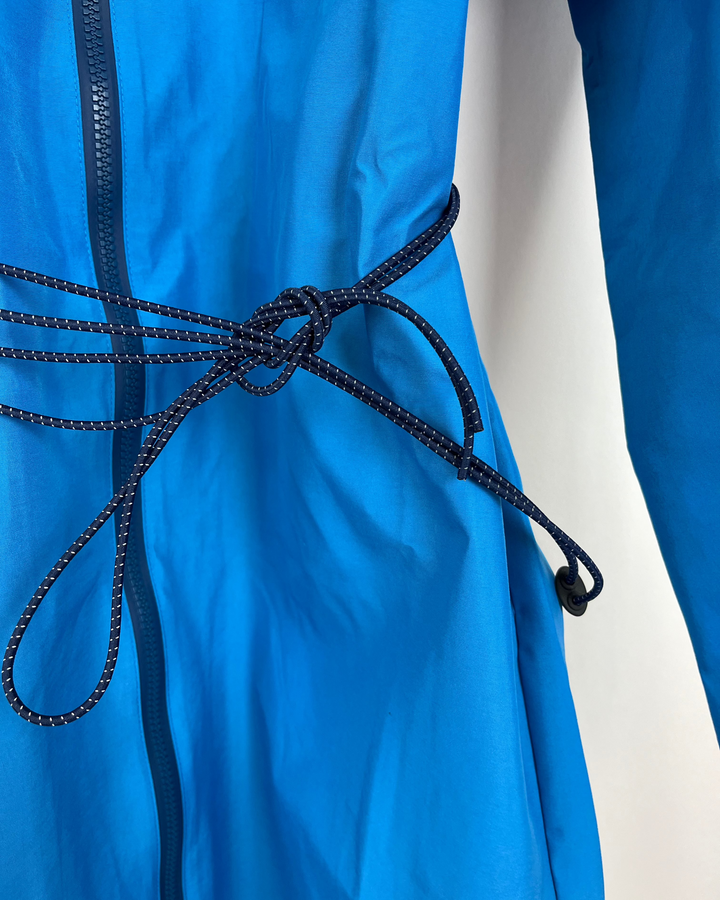 Bright Blue Ruffle Neck Long Sleeve Raincoat - Size 6/8 and 10/12